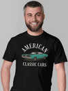 Black unisex tri-blend crew tee featuring a teal 1969 Charger and American Classic Cars text