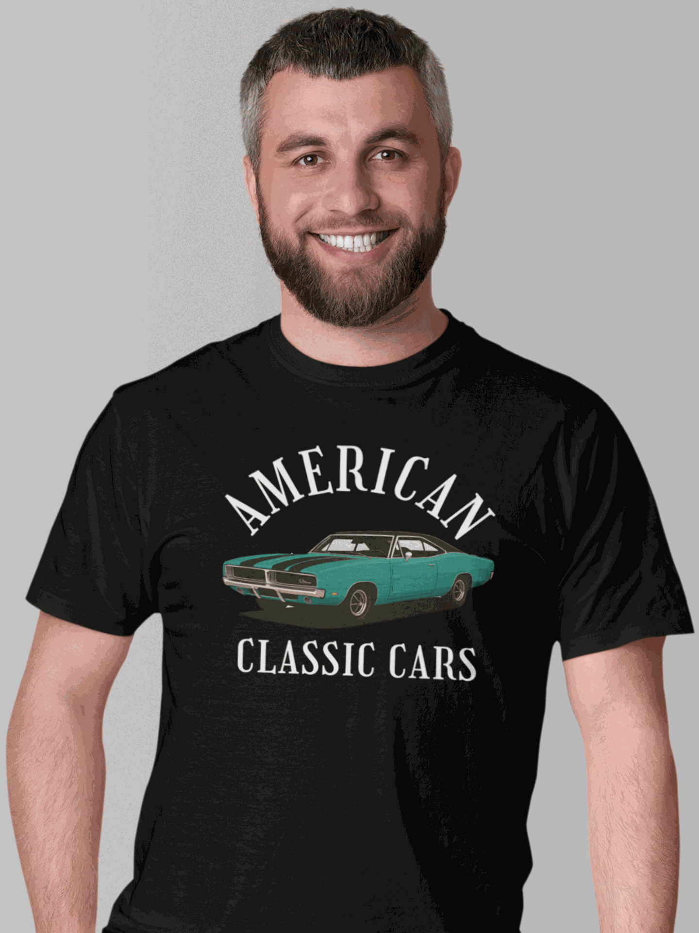 Black unisex tri-blend crew tee featuring a teal 1969 Charger and American Classic Cars text
