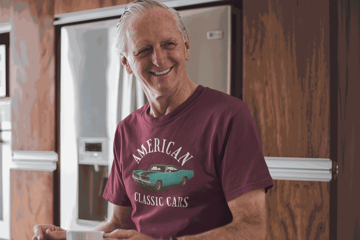 Older man wearing maroon American Classic Cars 69 Charger unisex tri-blend crew tee with vintage car graphic