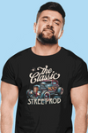 Man wearing black Classic Street Rod Tee with vintage hot rod car graphic and retro typography