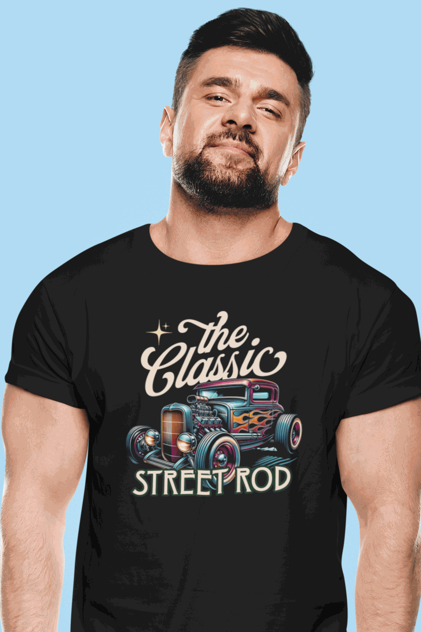 Man wearing black Classic Street Rod Tee with vintage hot rod car graphic and retro typography