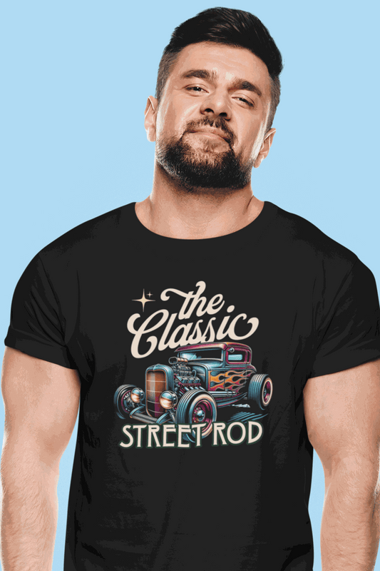 Man wearing black Classic Street Rod Tee with vintage hot rod car graphic and retro typography
