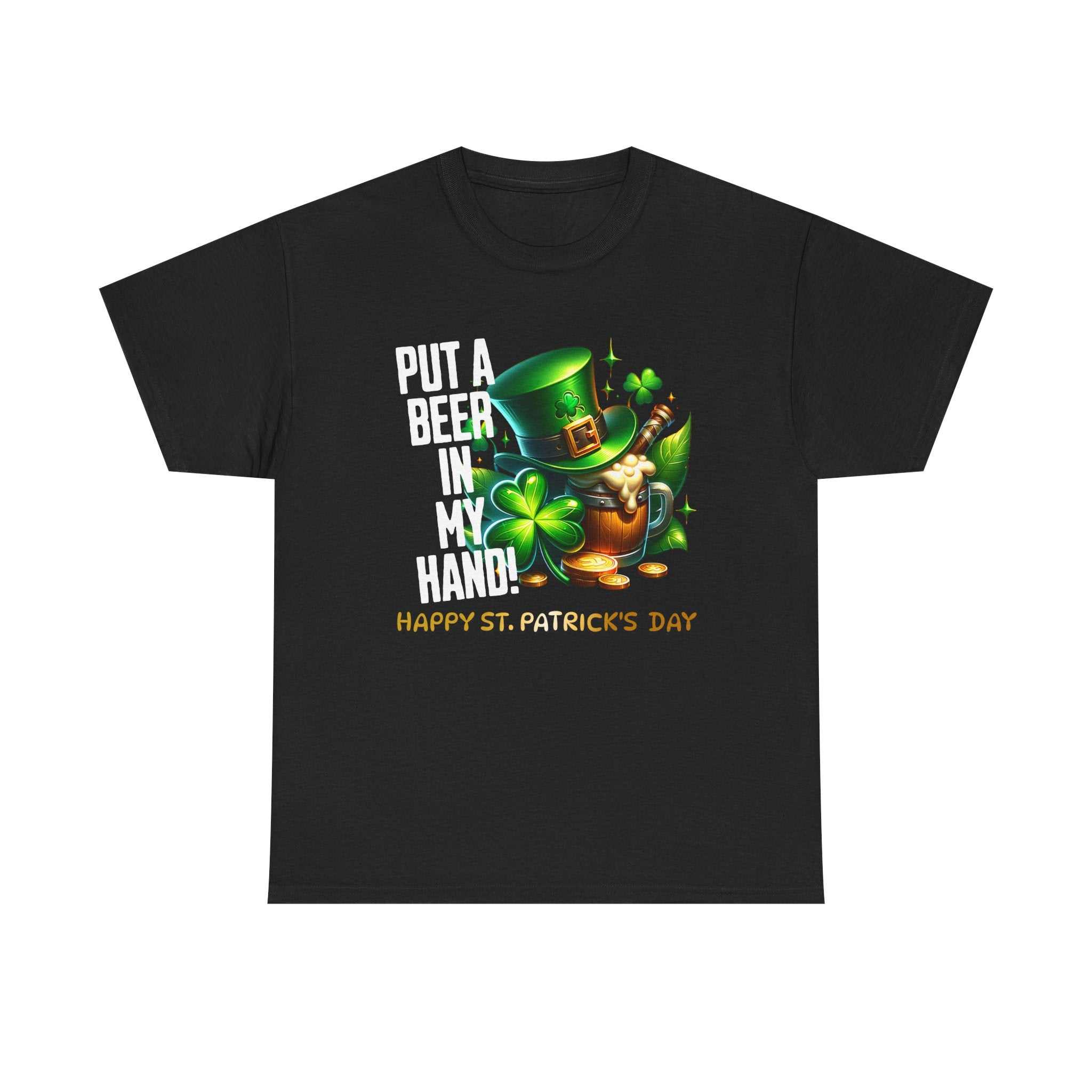 St. Patrick's Day cotton tee with leprechaun, shamrocks, and "Happy St. Patrick's Day" print
