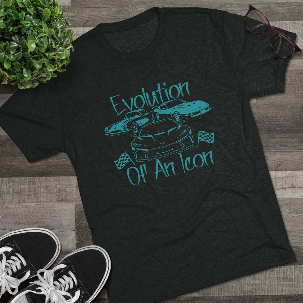 Classic Muscle Car graphic on lightweight tri-blend charcoal t-shirt with muted teal vintage car illustration