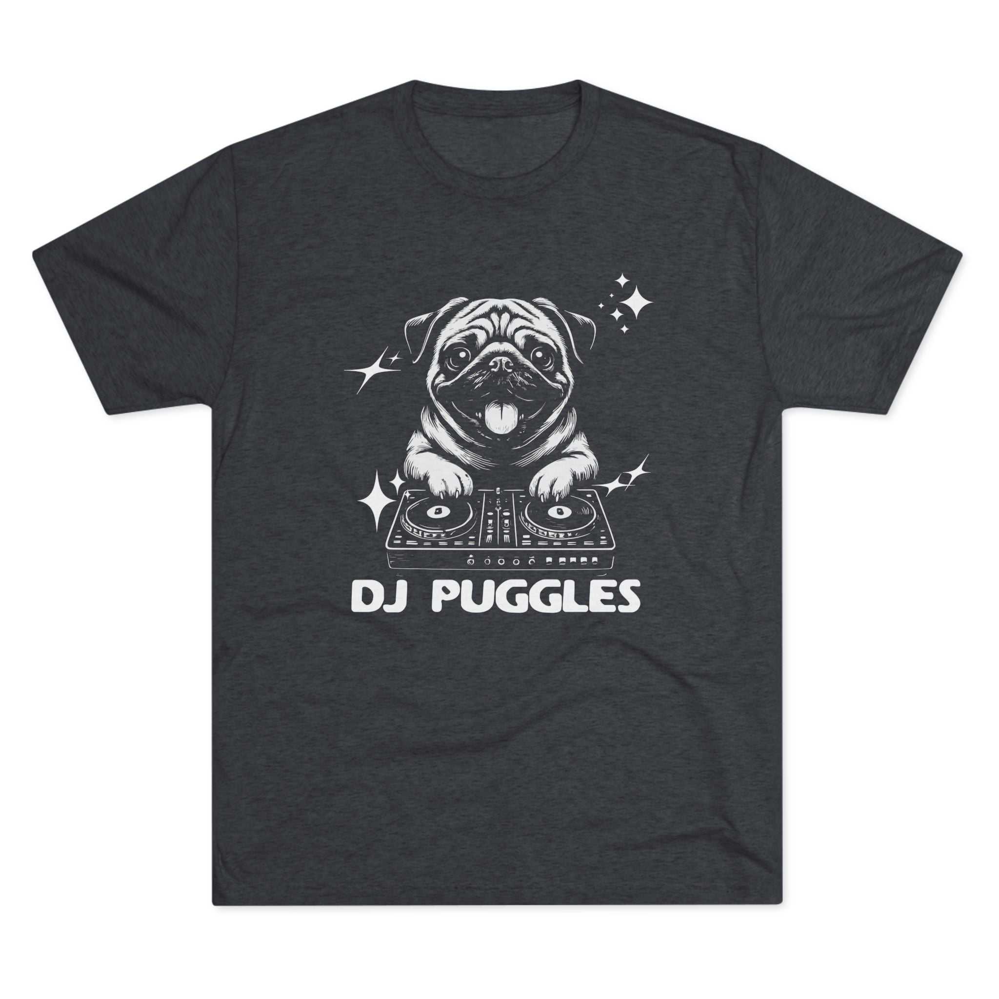 DJ Puggles Pug T‑Shirt with funny DJ pug graphic on soft tri-blend fabric