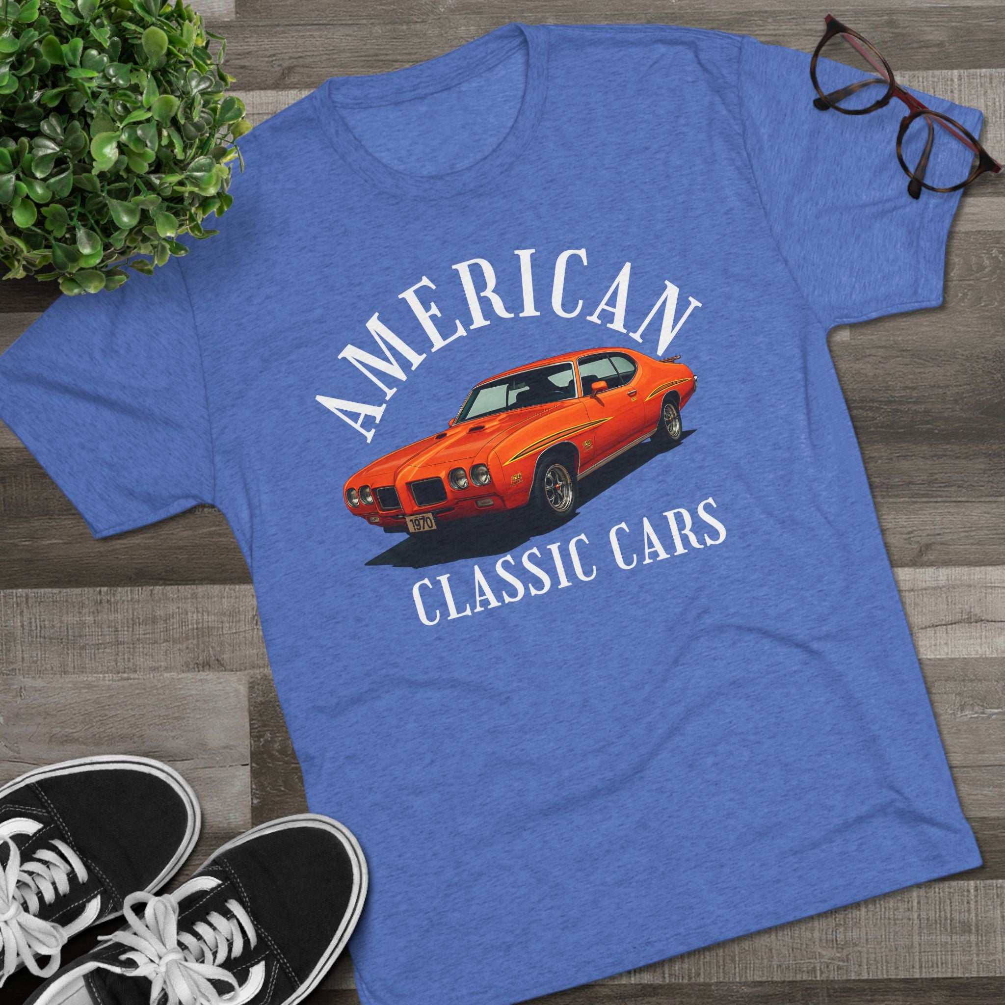 Unisex tri-blend t-shirt with American Classic Cars 70 GTO vintage design