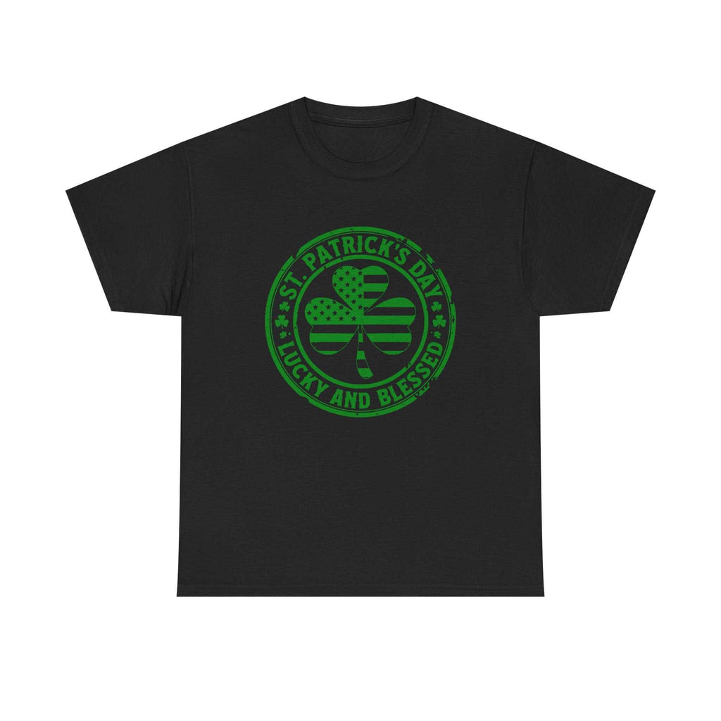 St. Patrick's Day vintage shamrock tee with "Lucky and Blessed" design, soft cotton shirt
