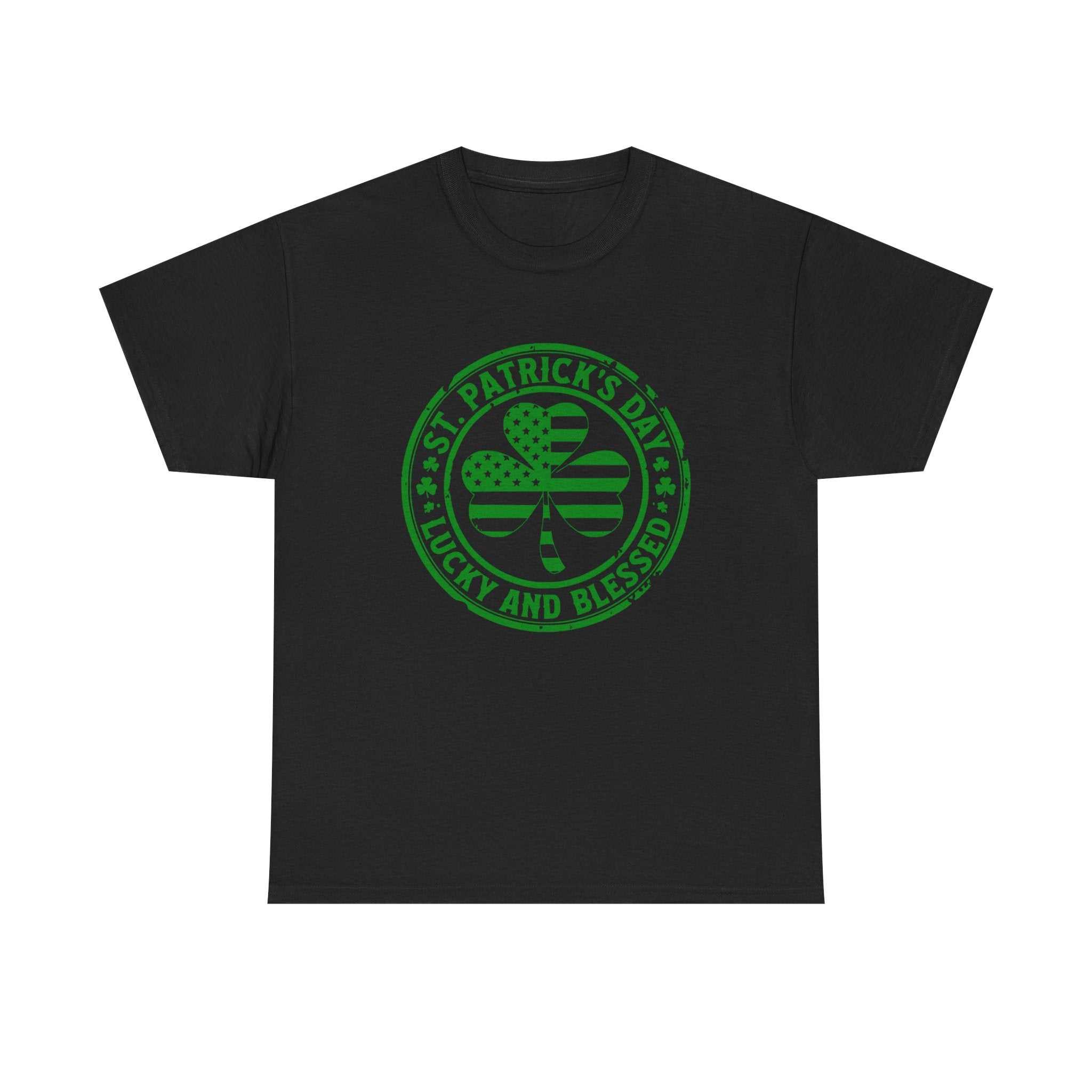 St. Patrick's Day vintage shamrock tee with "Lucky and Blessed" design, soft cotton shirt