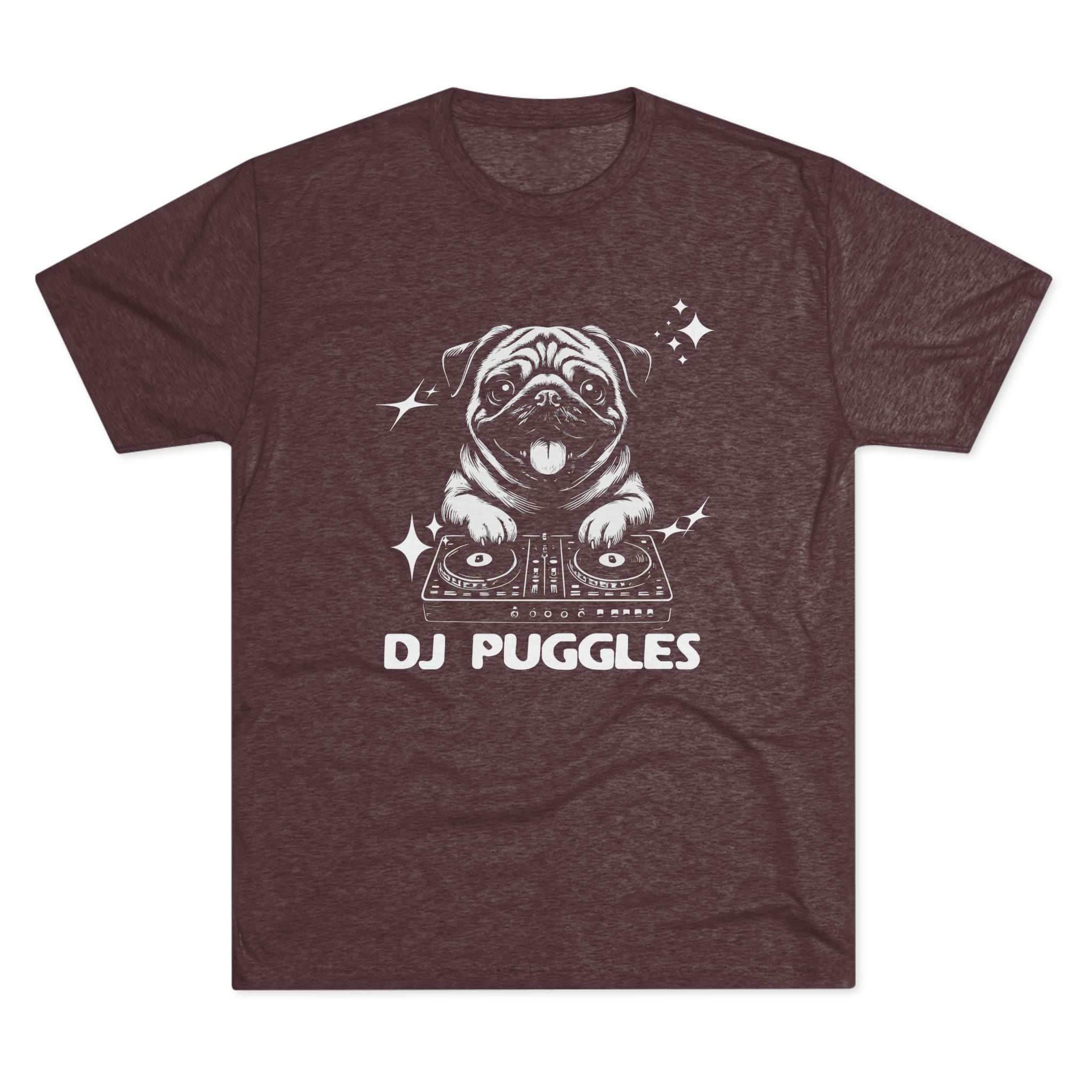 DJ Puggles Pug T-shirt with funny DJ pug graphic for dog lovers in soft tri-blend fabric