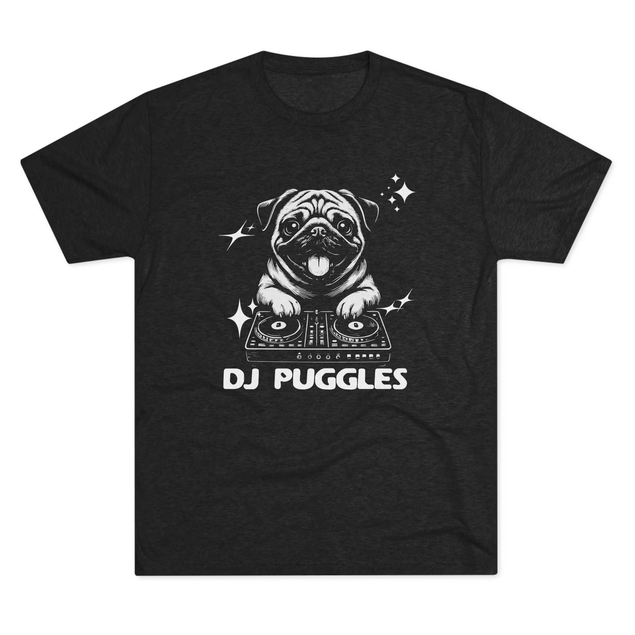 DJ Puggles Pug T-Shirt with funny DJ pug graphic on soft tri-blend fabric