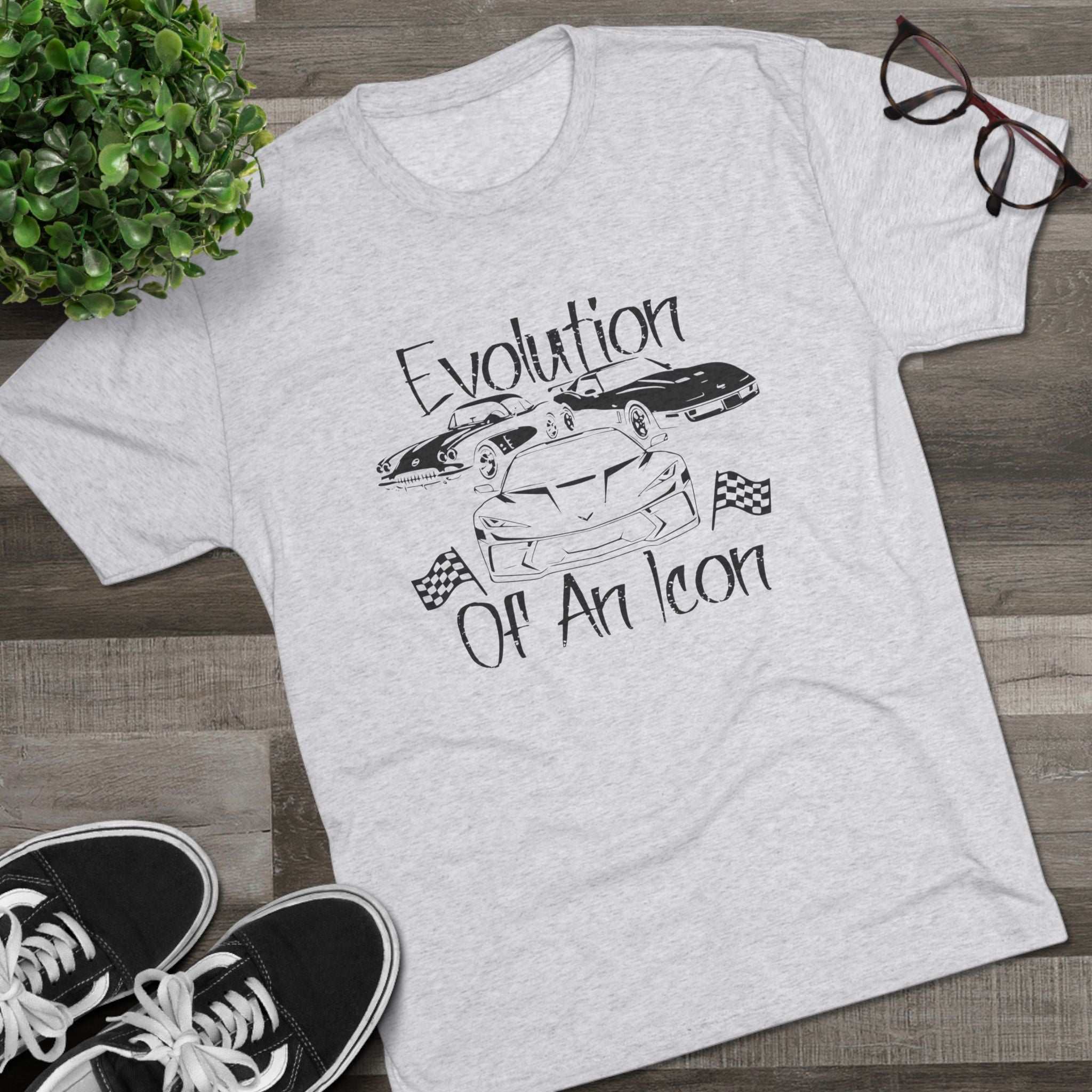 Classic muscle car graphic tee with muted teal vintage car illustration on charcoal lightweight tri-blend fabric