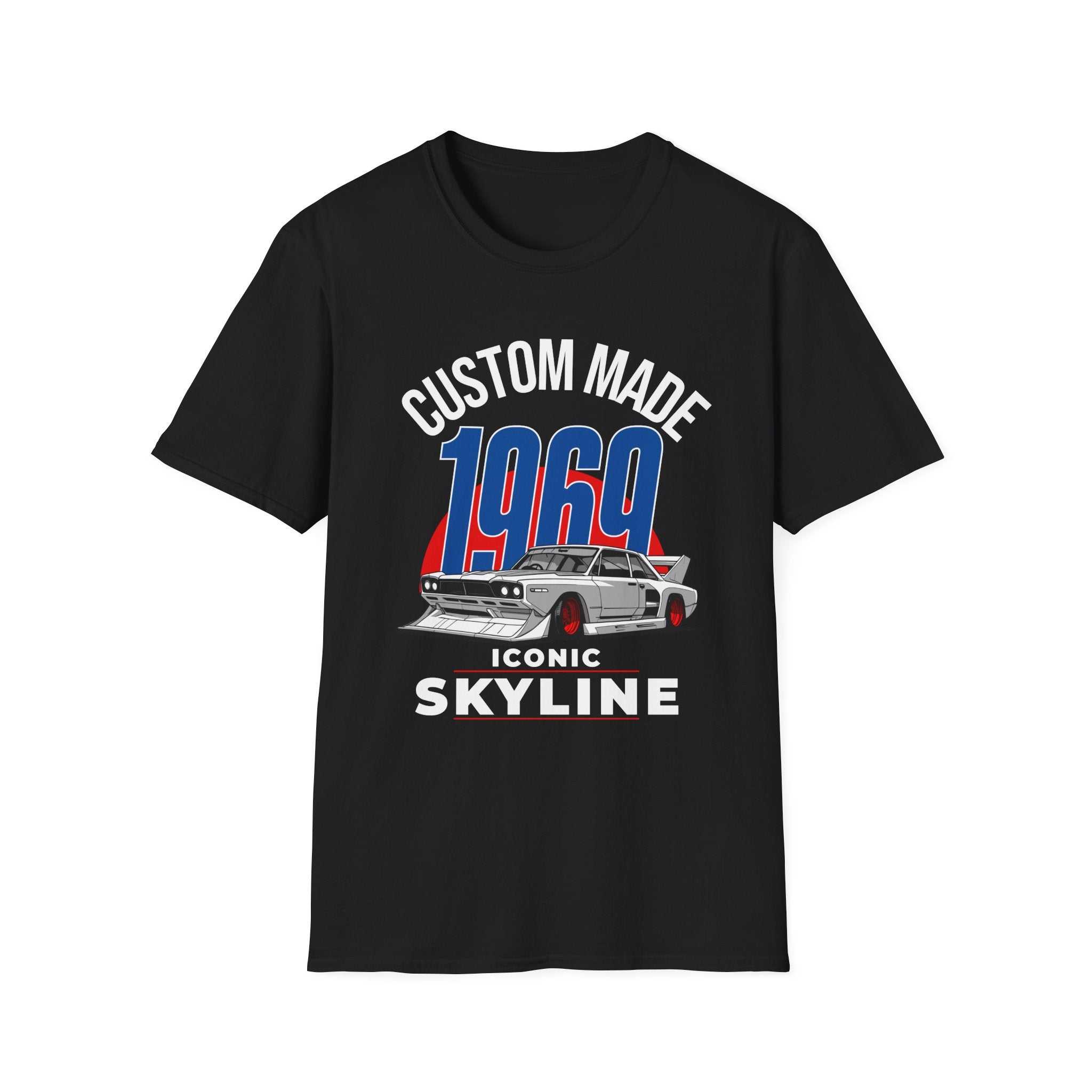 Custom 1969 Iconic Skyline T-Shirt unisex softstyle retro car enthusiast tee in black