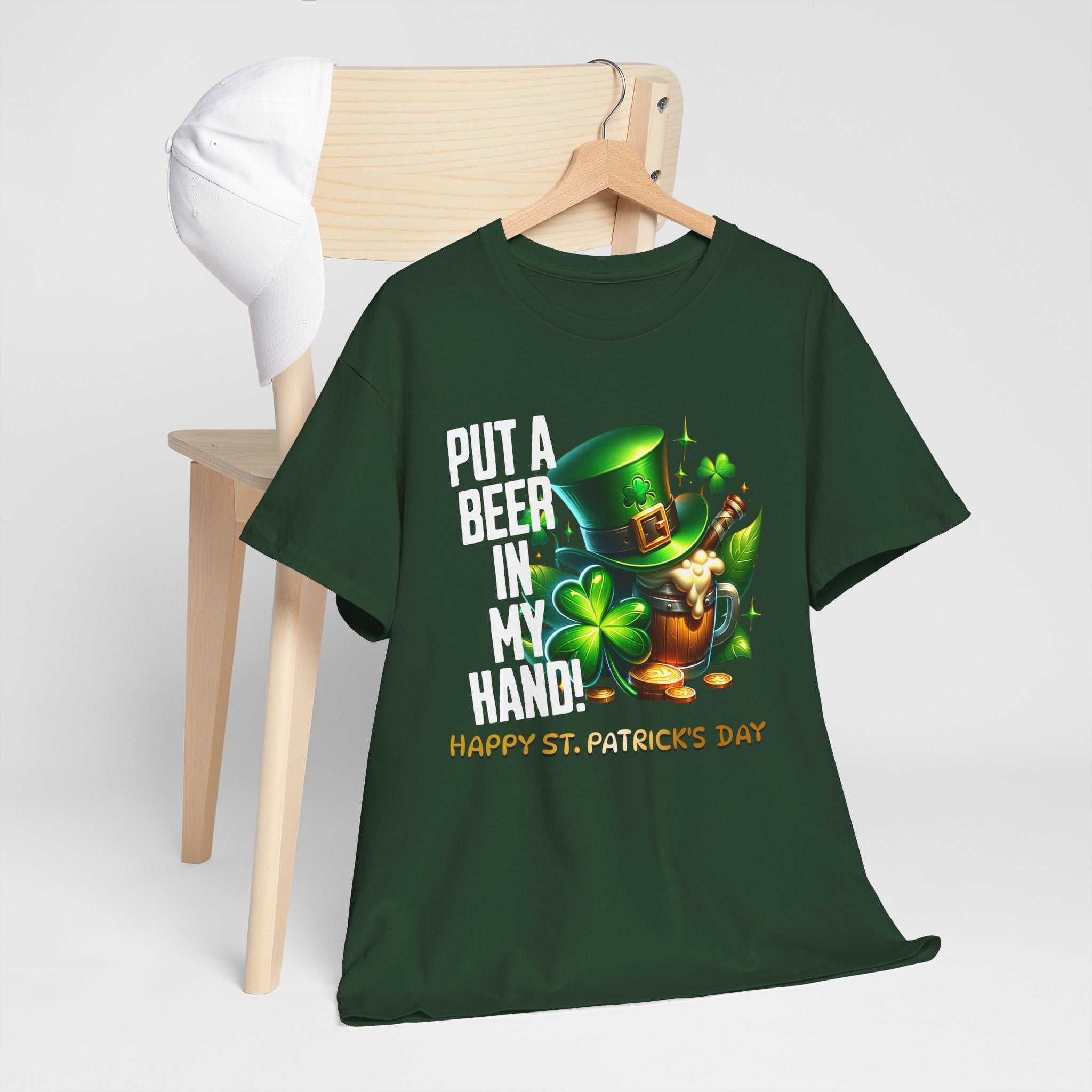 St. Patrick's Day cotton tee with leprechaun and shamrocks print