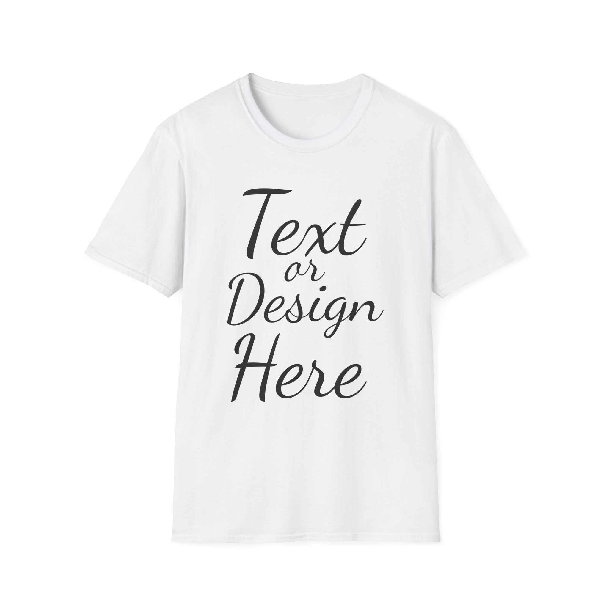 White customizable T shirt with text or design placeholder, unisex softstyle crew neck made from 100% ring-spun cotton