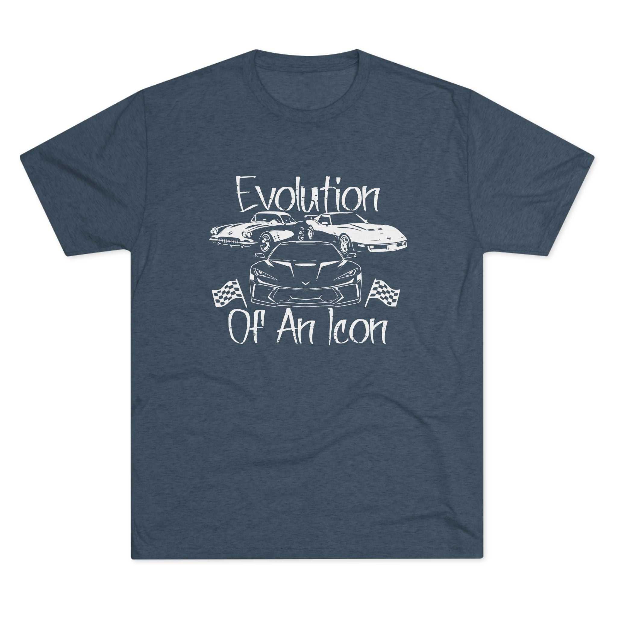 Classic muscle car graphic vintage-style t-shirt in muted teal on charcoal tri-blend fabric