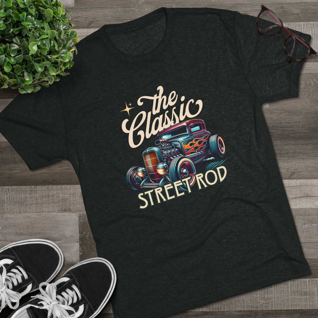 Classic Street Rod Tee with vintage hot rod graphic and flame accents on soft tri-blend fabric
