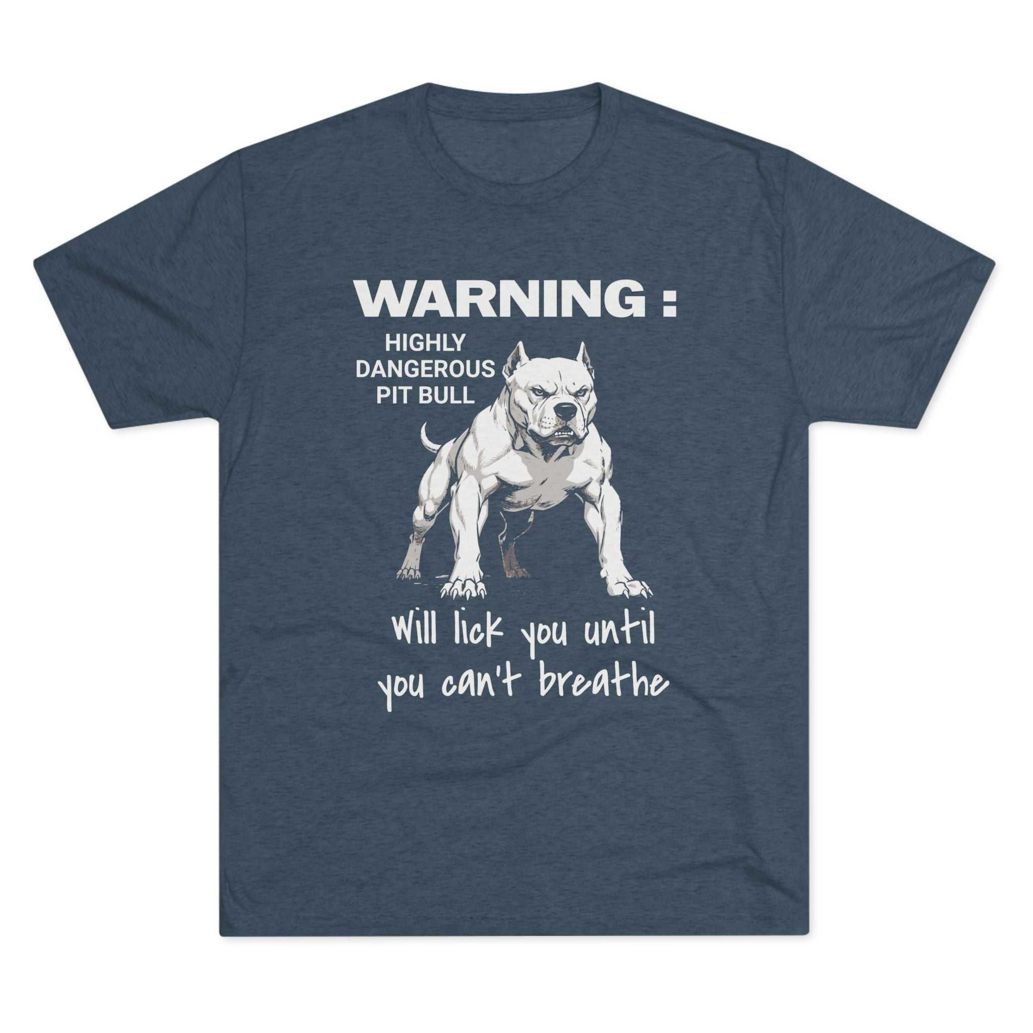 Pit Bull Warning T-Shirt with bold dog illustration and playful warning text on charcoal tri-blend fabric