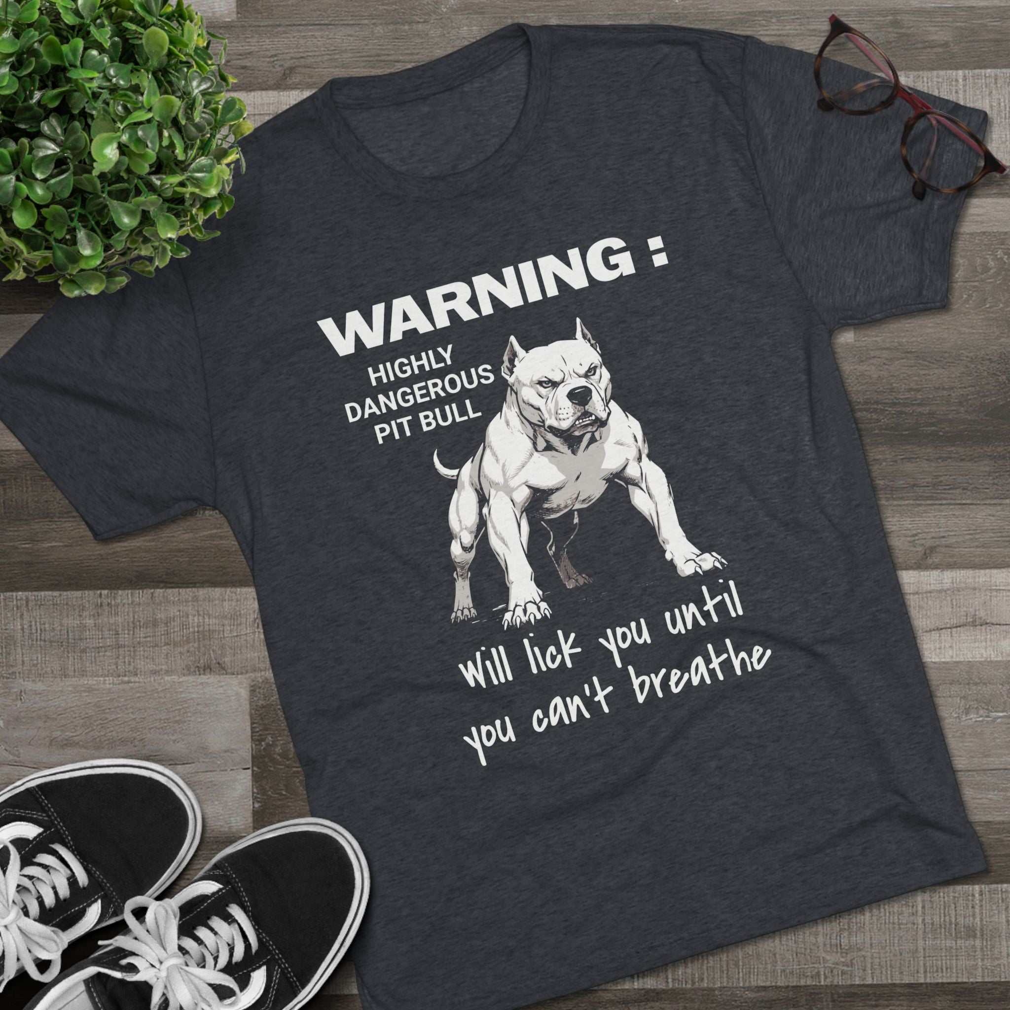 Charcoal Pit Bull Warning T-Shirt with playful dog illustration and bold white print