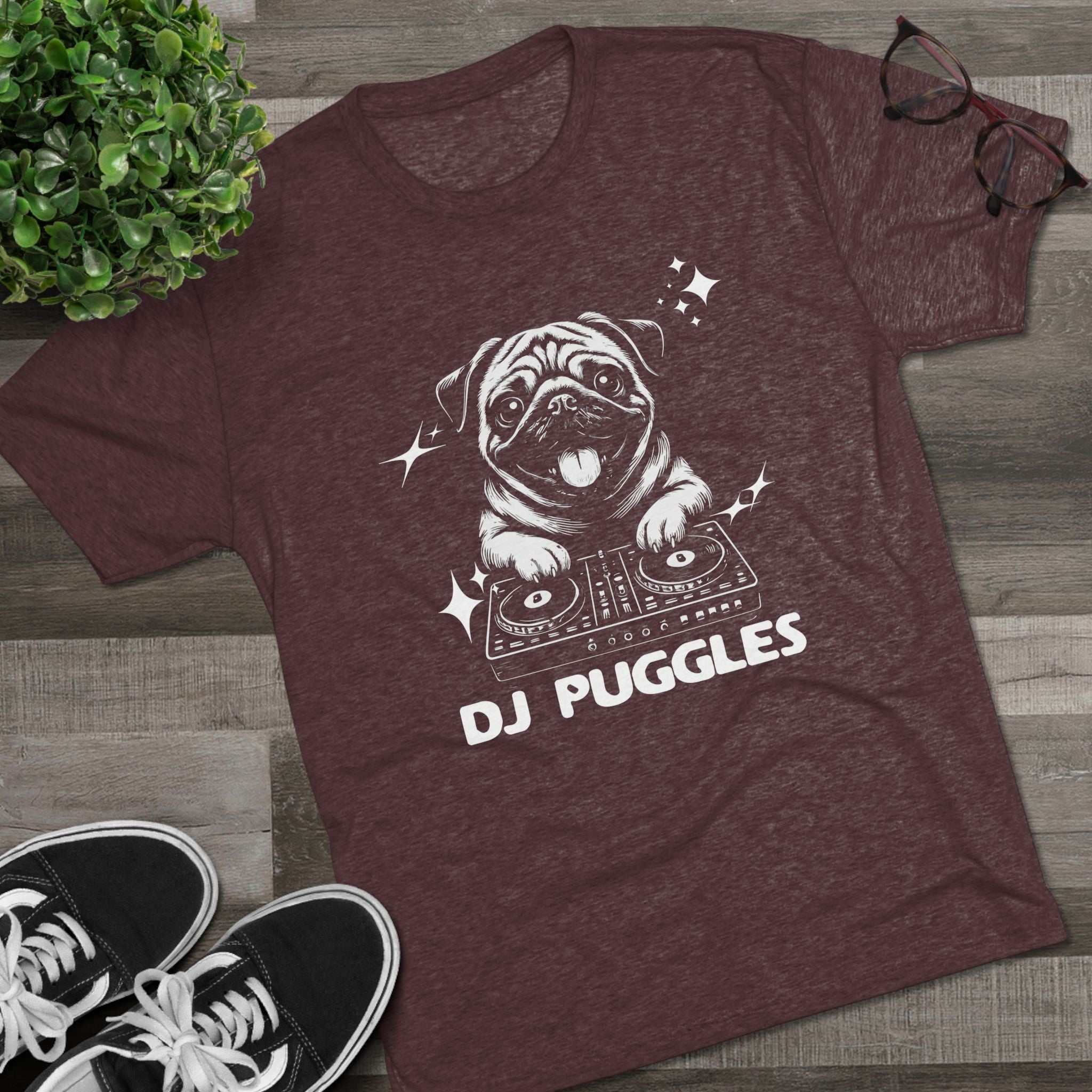 DJ Puggles Pug T-Shirt with funny DJ pug graphic on soft tri-blend fabric