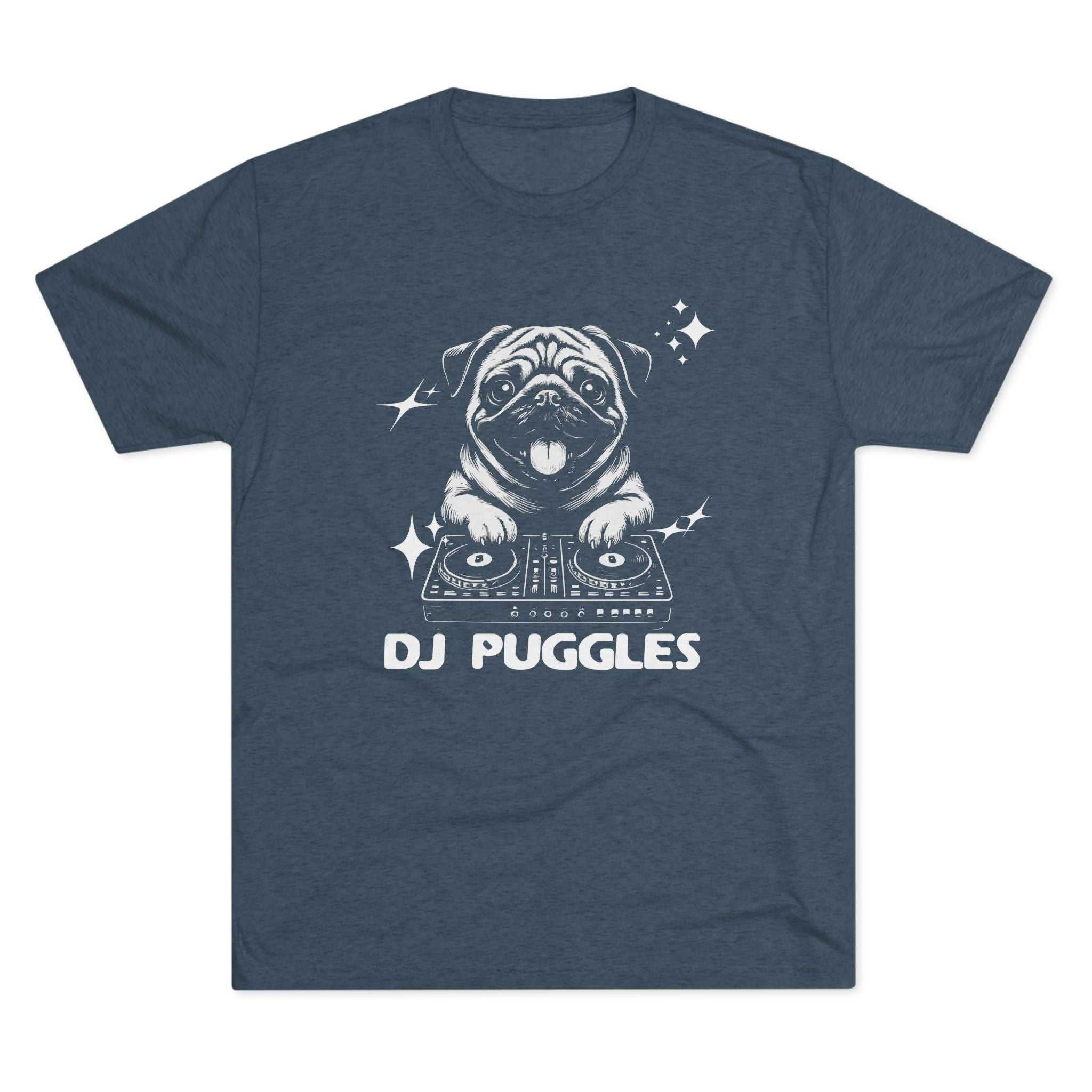 DJ Puggles Pug T-Shirt with funny DJ pug graphic on soft tri-blend fabric