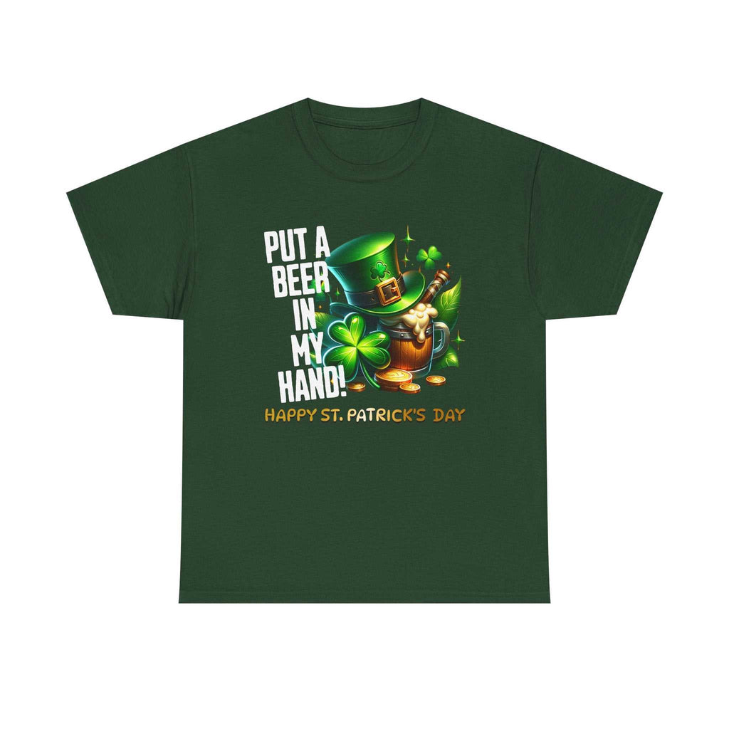 St. Patrick's Day cotton tee with leprechaun, shamrocks, and "Happy St. Patrick's Day" print on chest