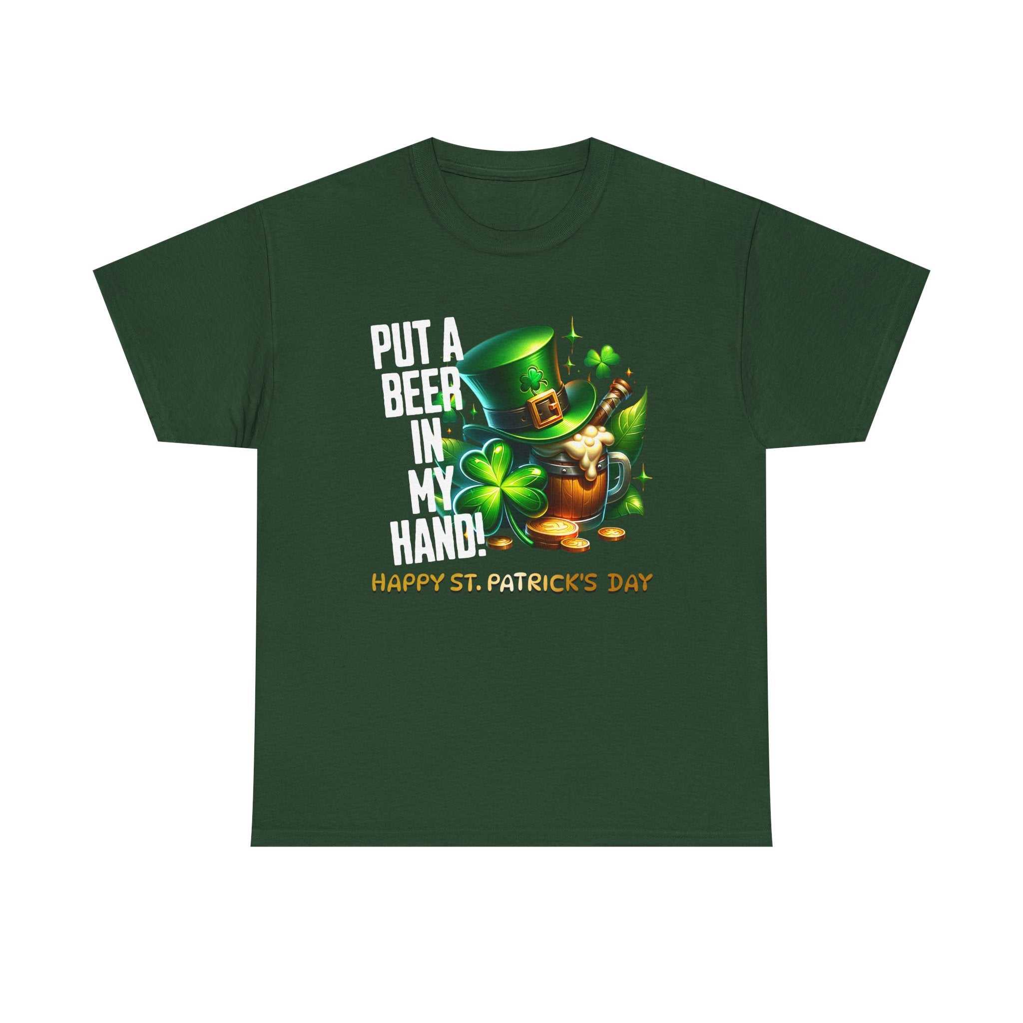 St. Patrick's Day cotton tee with leprechaun, shamrocks, and "Happy St. Patrick's Day" print on chest