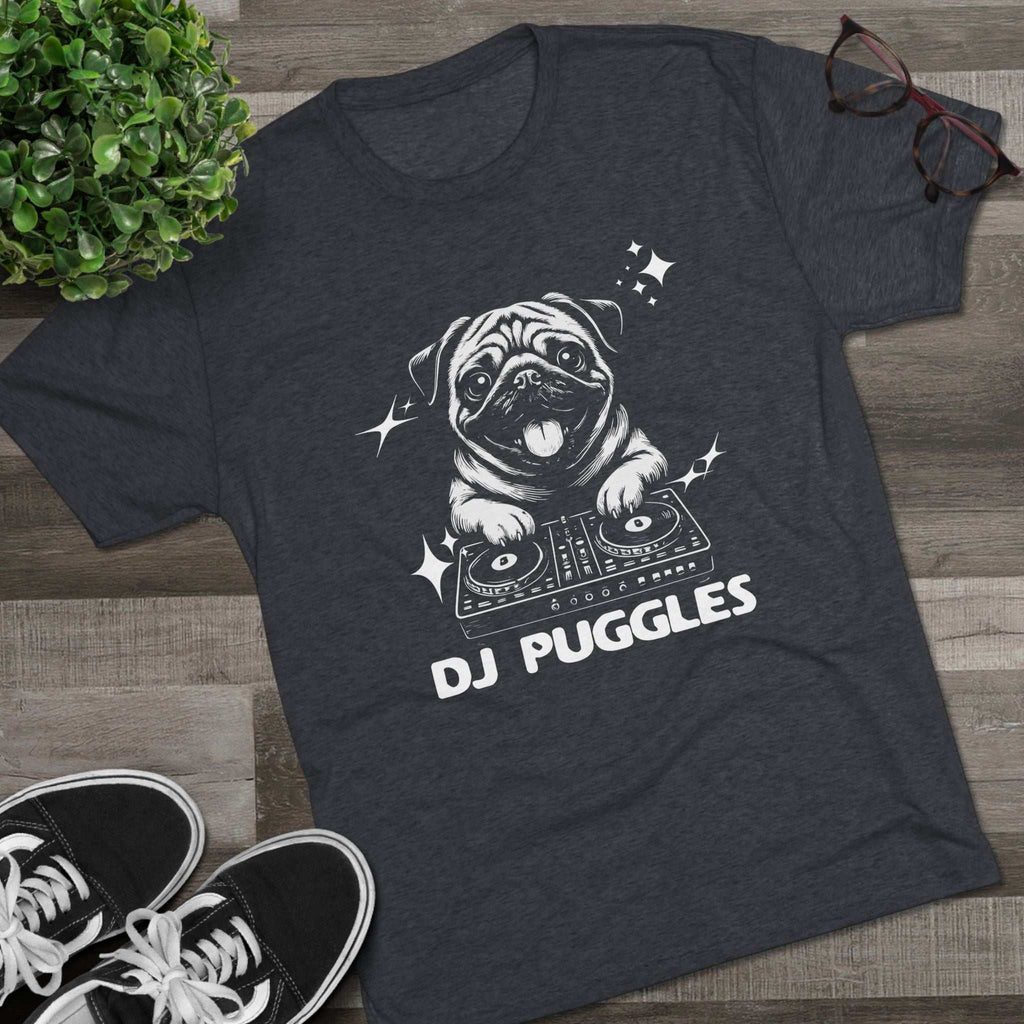 DJ Puggles Pug T-Shirt with funny DJ pug graphic on soft tri-blend fabric