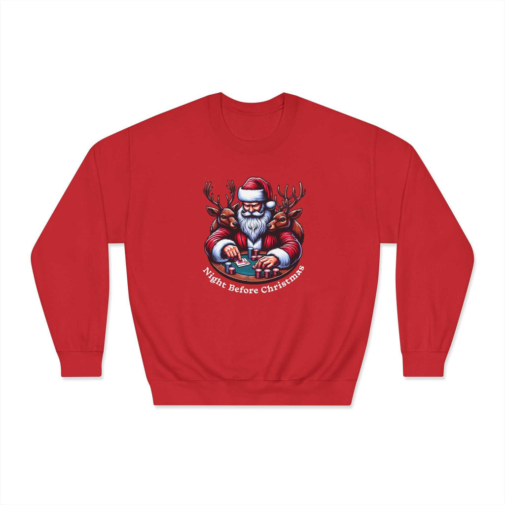 Christmas Santa playing poker with reindeers on cozy holiday sweatshirt