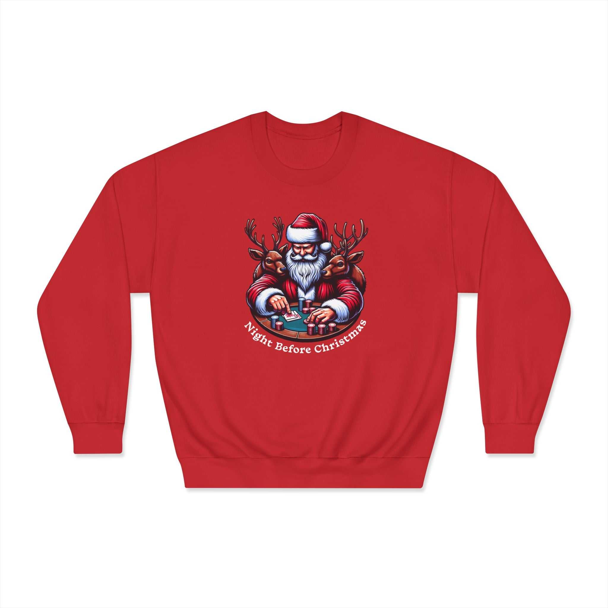 Christmas Santa playing poker with reindeers on cozy holiday sweatshirt