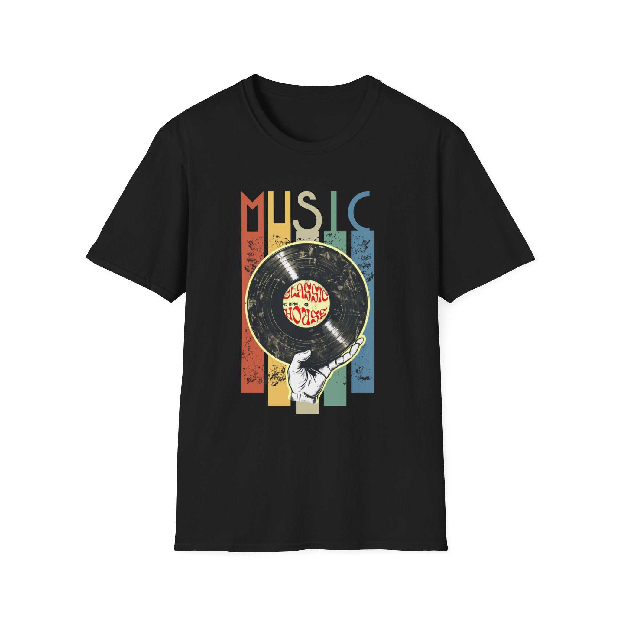 Retro music vinyl record graphic unisex softstyle t-shirt for music lovers