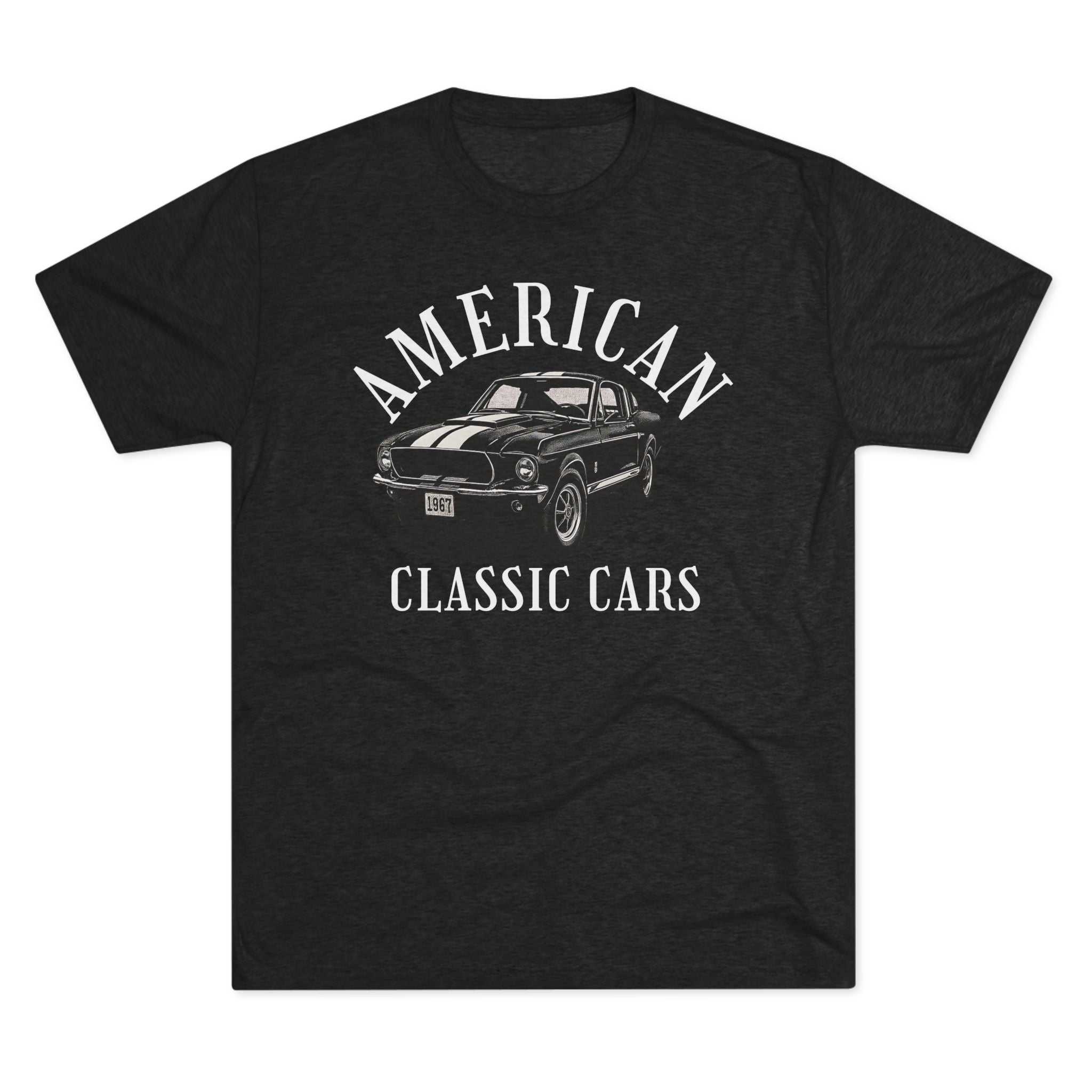 American Classic Cars Mustang design on tri-blend crew tee for car enthusiasts