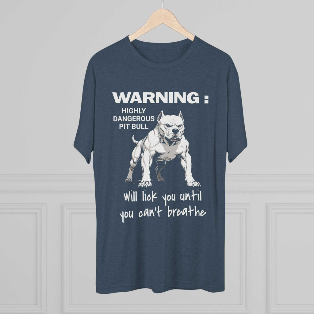 Pit Bull Warning T-Shirt with bold pit bull illustration and playful warning text on charcoal tri-blend fabric