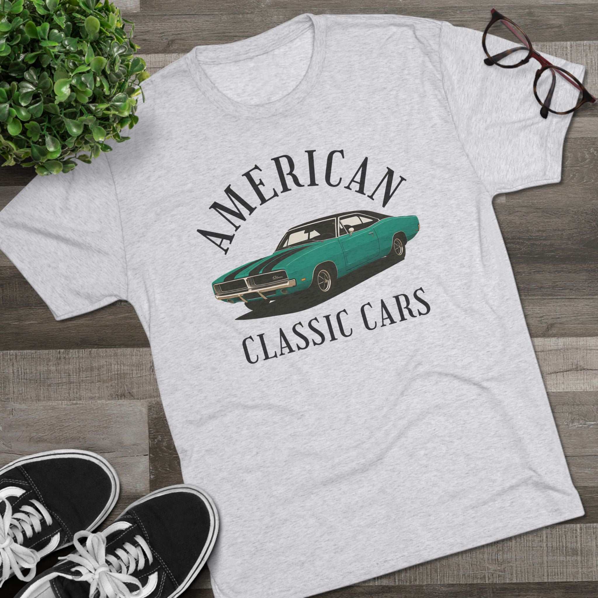 American Classic Cars 69 Charger printed unisex tri-blend crew tee on a hanger