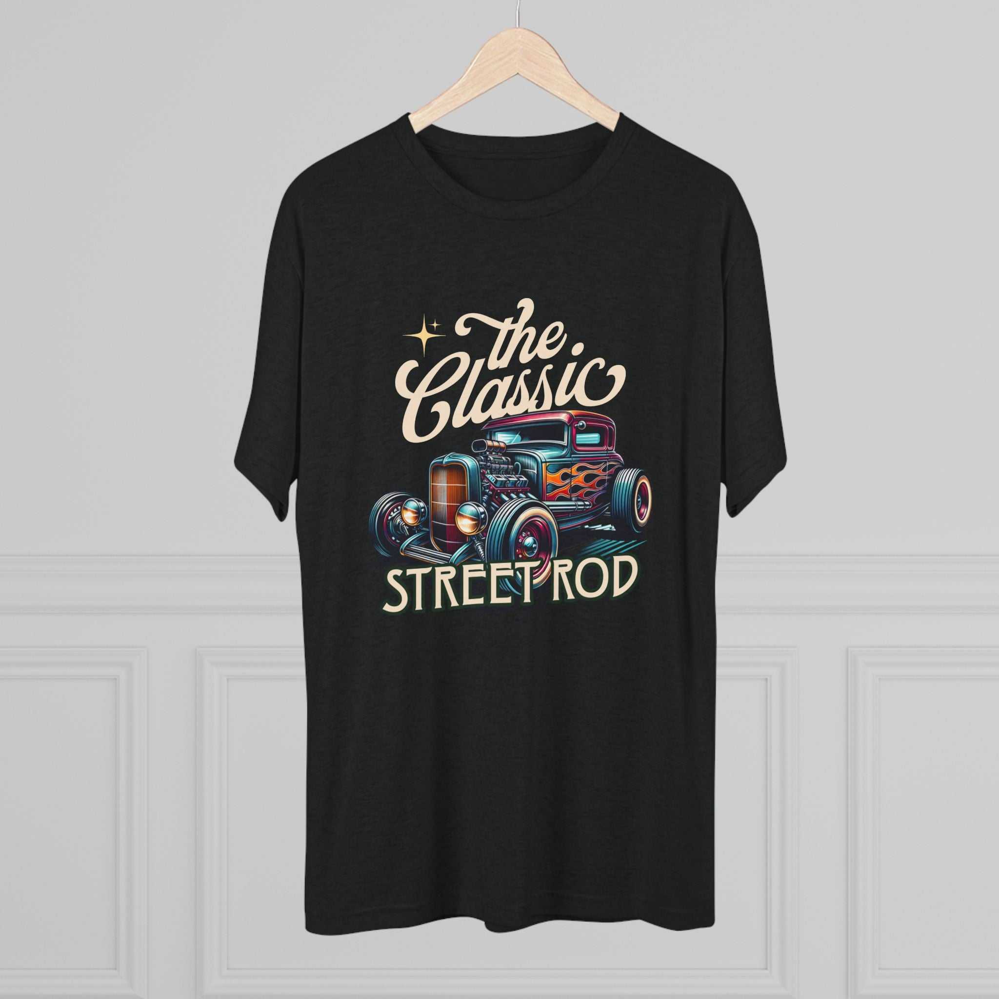 Classic Street Rod Tee with vintage hot rod graphic and flame accents on soft tri-blend fabric