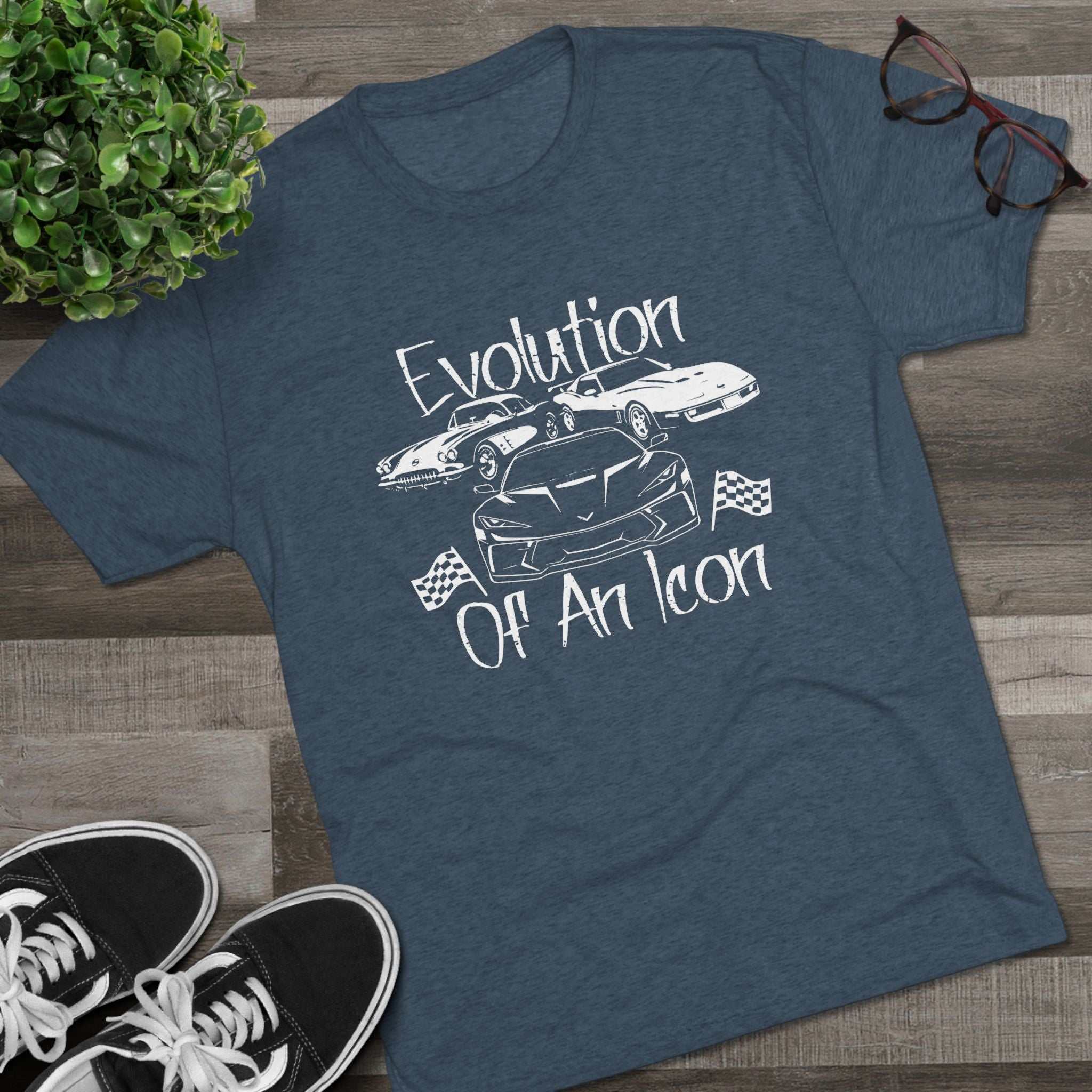 Classic muscle car graphic on lightweight charcoal tri-blend T-shirt with vintage teal design