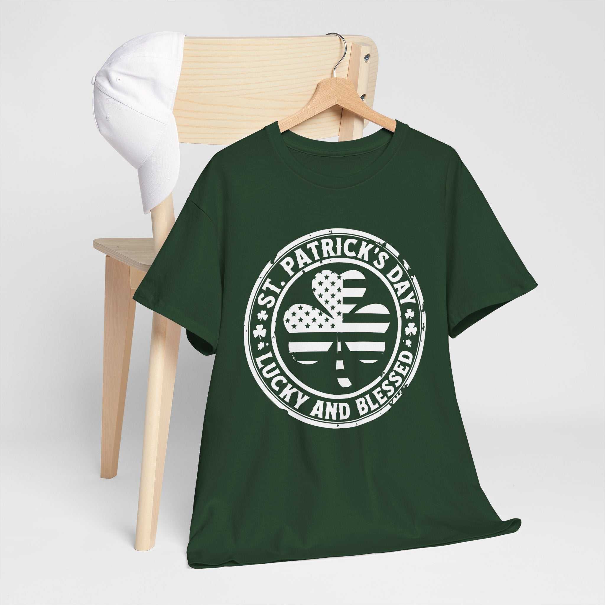 St. Patrick's Day vintage shamrock tee with "Lucky and Blessed" design, soft 100% cotton shirt
