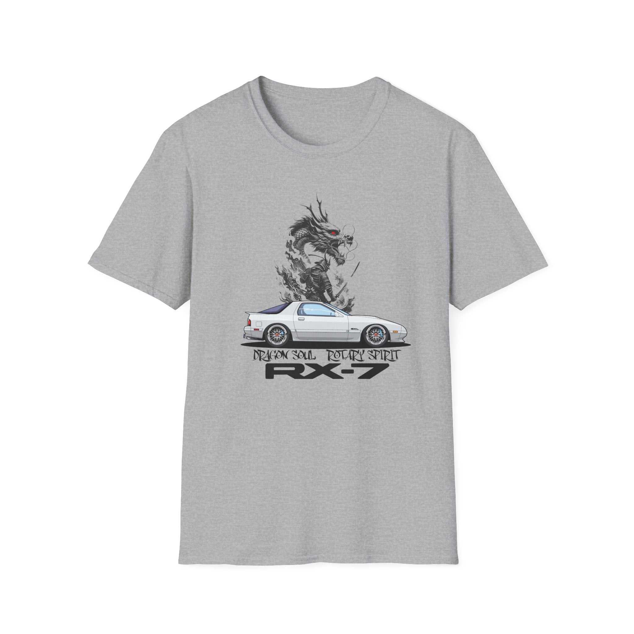 Unisex softstyle t-shirt with RX-7 Dragon Soul rotary spirit automotive design