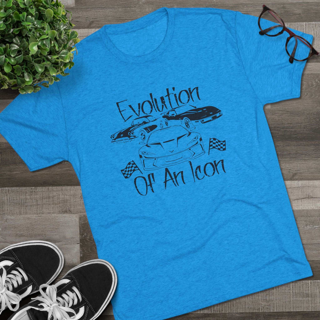 Classic muscle car graphic on charcoal tri-blend t-shirt with muted teal vintage car illustration