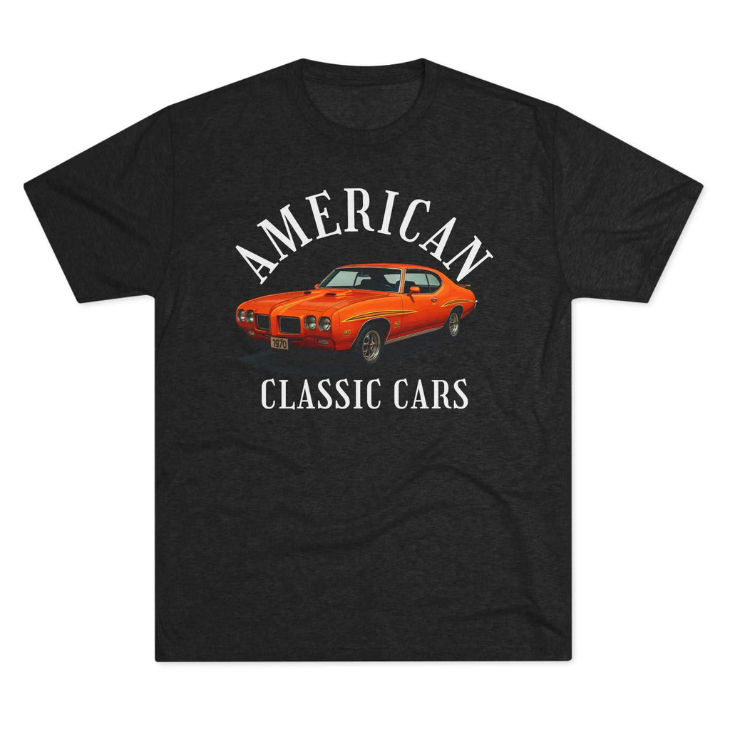Unisex tri-blend t-shirt with American Classic Cars 70 GTO design for vintage car lovers