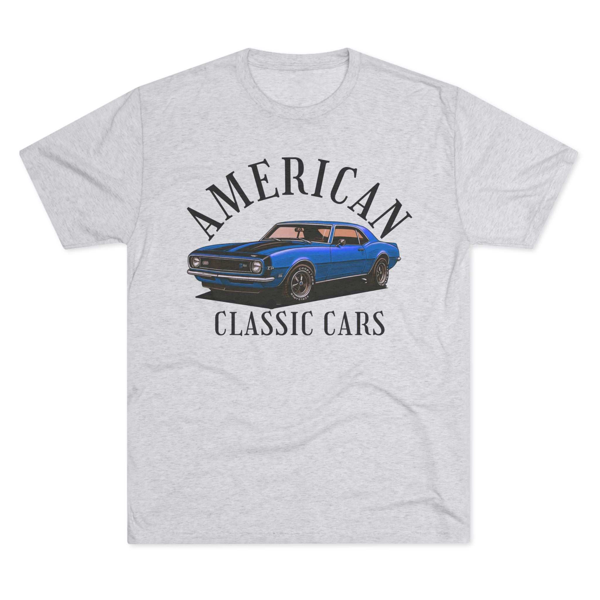 Unisex tri-blend tee with vintage American classic Camaro car design for car enthusiasts