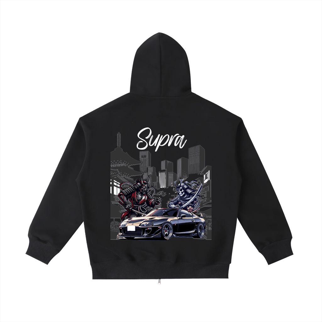Unisex heavyweight pocket hoodie in black with Shadow Samurai design and oversized fit
