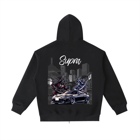 Unisex heavyweight pocket hoodie in thick cotton-polyester blend with zipper and hood